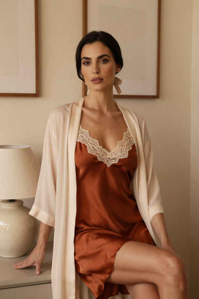 ChuhaiHome hearth atelier muse, 29, in a terracotta silk slip dress with cream lace and a sheer ivory robe